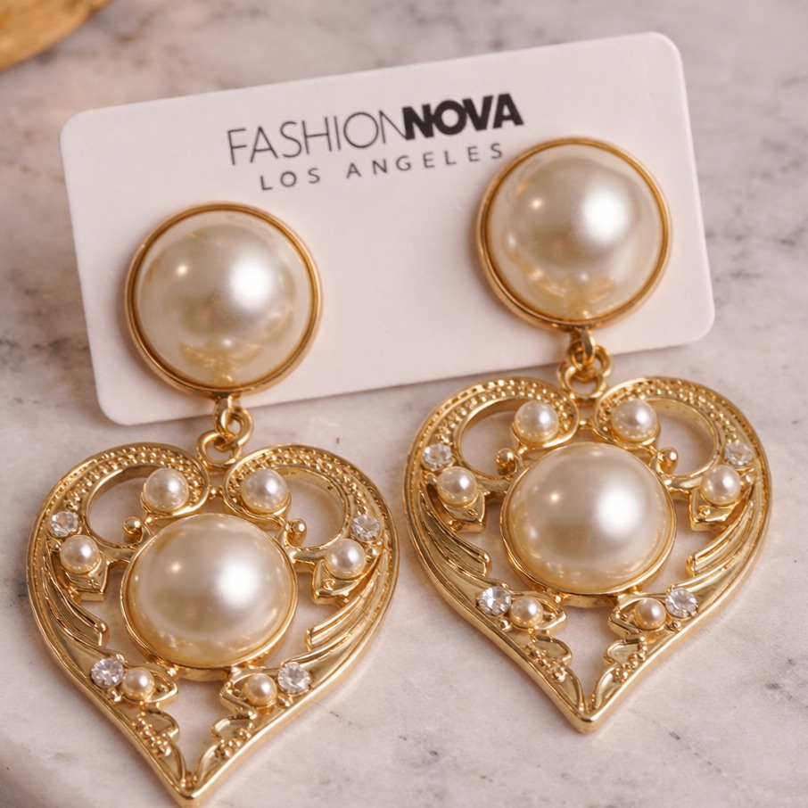 Fashion Nova Gold Tone Pearl Heart Drop Earrings Statement (Br1212/3)